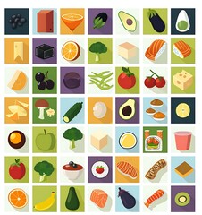 A set of flat vector icons for healthy food, with squares in different colors and shapes representing