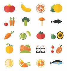 A set of flat vector icons for a website about healthy food and activity