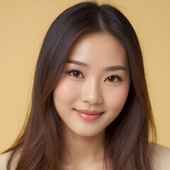 Fototapeta premium Pretty Asian beauty woman long hair with japanese makeup glowing face and healthy facial skin portrait smile on isolated light yellow background