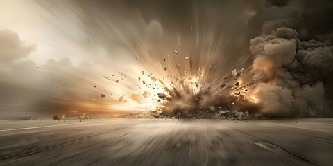 Fototapeta premium Impact of Cluster Bomb Detonation on Modern Warfare Widespread Destruction and Shrapnel Hazards. Concept Cluster Bombs, Warfare Impact, Destruction Effects, Shrapnel Hazards, Modern Warfare