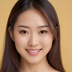 Obraz premium Pretty Asian beauty woman long hair with japanese makeup glowing face and healthy facial skin portrait smile on isolated light yellow background