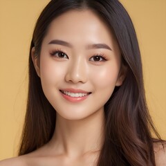 Fototapeta premium Pretty Asian beauty woman long hair with japanese makeup glowing face and healthy facial skin portrait smile on isolated light yellow background