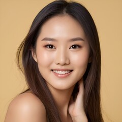 Fototapeta premium Pretty Asian beauty woman long hair with japanese makeup glowing face and healthy facial skin portrait smile on isolated light yellow background