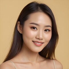 Fototapeta premium Pretty Asian beauty woman long hair with japanese makeup glowing face and healthy facial skin portrait smile on isolated light yellow background