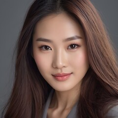 Fototapeta premium Pretty Asian beauty woman long hair with japanese makeup glowing face and healthy facial skin portrait smile on isolated grey background