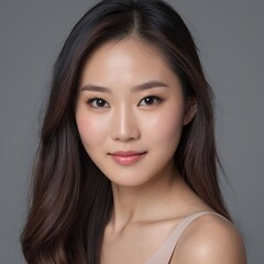 Fototapeta premium Pretty Asian beauty woman long hair with japanese makeup glowing face and healthy facial skin portrait smile on isolated grey background