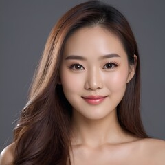Naklejka premium Pretty Asian beauty woman long hair with japanese makeup glowing face and healthy facial skin portrait smile on isolated grey background