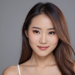 Fototapeta premium Pretty Asian beauty woman long hair with japanese makeup glowing face and healthy facial skin portrait smile on isolated grey background