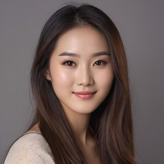 Naklejka premium Pretty Asian beauty woman long hair with japanese makeup glowing face and healthy facial skin portrait smile on isolated grey background