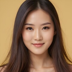 Fototapeta premium Pretty Asian beauty woman long hair with japanese makeup glowing face and healthy facial skin portrait smile on isolated grey background