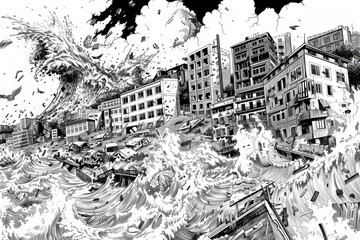 Obraz premium A black and white drawing of a city overlooking the ocean, perfect for use in designs related to coastal towns or urban landscapes