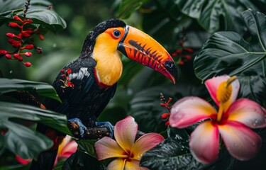 A Colorful Toucan Perched on a Branch in a Lush Rainforest