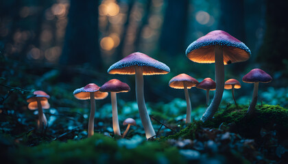 Fototapeta premium Moonlit Forest with Glowing Iridescent Mushrooms