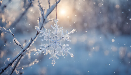 Snowflakes suspended in mid air refracting winter light