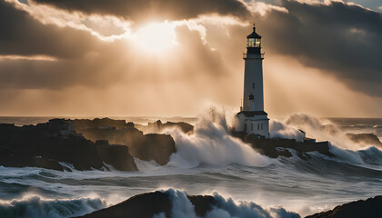 Majestic lighthouse stands tall in misty coastal landscape
