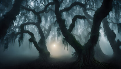 Naklejka premium Mystical Moonlit Forest Glade with Weeping Willows