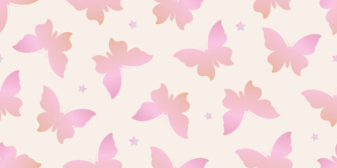 Gradient butterfly scattered shape seamless pattern vector illustration. Insect and star repeated ornament. Design for textile, fabric, background, wrapping paper, package. 90s aesthetic vibe.
