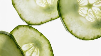 Fresh cucumber slices on a white surface