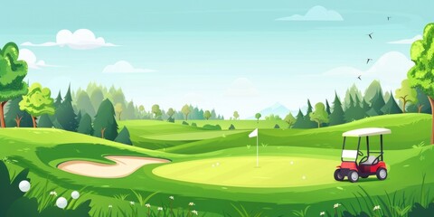 A golf course scene with a golf cart parked on the green, ideal for use in sports-related or leisure-themed content