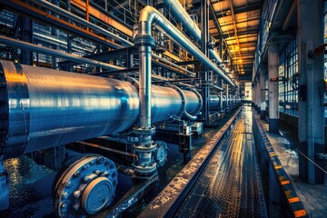 Obraz premium A picture of pipes and valves inside a large industrial building
