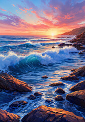 A beautiful landscape painting depicting a rocky shoreline at sunset, with the ocean waves crashing against the rocks and a vibrant sky filled with clouds.