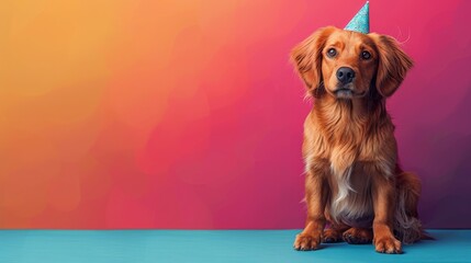 Funny little dog in a festive colorful cap on a multi-colored background. Birthday celebration. Party invitation. Free space for text. Copy space - Powered by Adobe