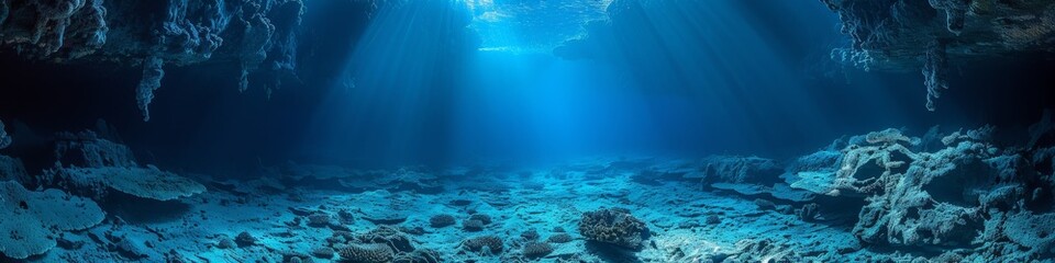 The sun shining through the ceiling of a underwater cave in the ocean