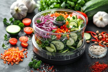 Electric vegetable chopper with fresh cucumber, onion and carrot