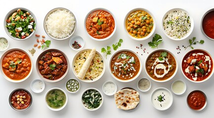 A set of Indian food dishes on a white background, in a top view, flat lay, photo stock, 