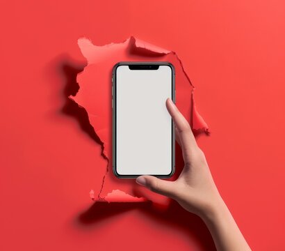 Hand holding smartphone emerging from torn red paper background