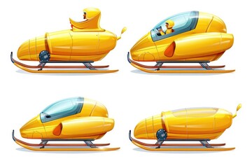 Fototapeta premium Four yellow snowmobiles sit on a clean white background, waiting to hit the snowy trails