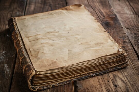 A weathered old book with yellowed pages is positioned neatly atop a rustic wooden table