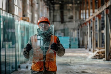 A person in an orange safety vest is shown holding a broken piece of glass, possibly from a construction site or accident