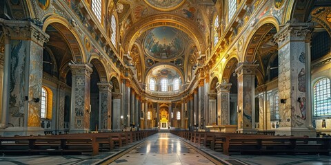 Obraz premium A large interior space with rows of pews, suitable for worship or ceremony