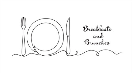Continuous one line art or One Line Drawing of plate, knife and fork. Restaurant concept hand draw line art design vector illustration for cafe, shop or food delivery service