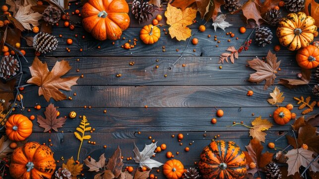 thanksgiving decor, thanksgiving banner template with pumpkins, fall leaves, and rustic wooden table cozy autumn scene with space for copy