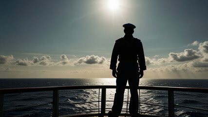 Fototapeta premium Seafaring Odyssey - Sailor's Silhouette Standing Tall on Ship Deck Amidst Boundless Ocean