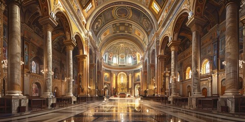 A grand interior of a large cathedral with a marble floor and high ceilings, suitable for use in architectural, historical or spiritual contexts