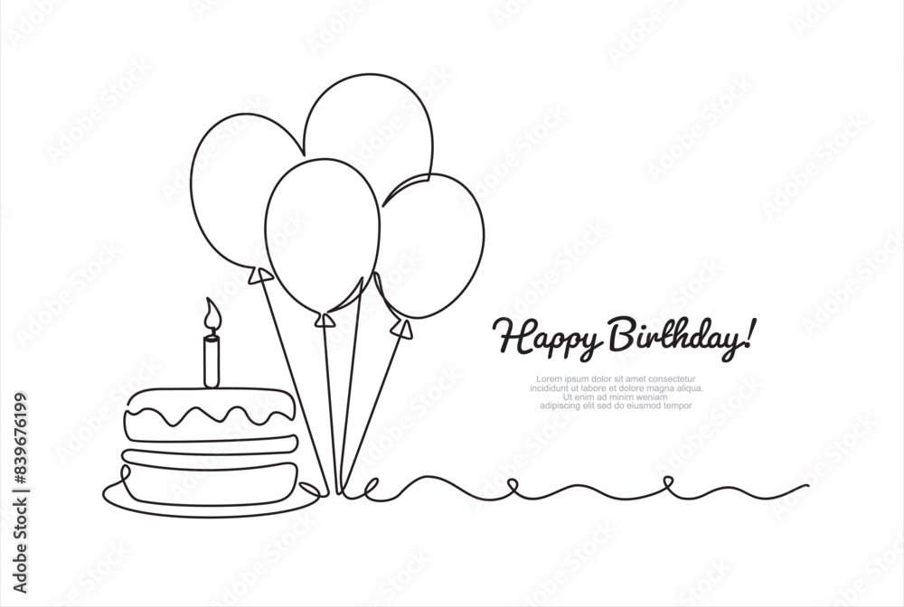 Wall mural Birthday cake in continuous line art drawing style. Traditional birthday cake with candle on the top minimalist black linear sketch isolated on white background. Vector illustration - Wall murals