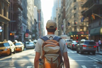 Fototapeta premium A traveler in a grey hat and yellow backpack ready to cross an urban street.