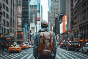 The calm in city chaos: one pedestrian against a backdrop of taxi cabs.