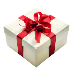 Obraz premium A neatly wrapped gift box adorned with a red ribbon on a transparent background. PNG file.