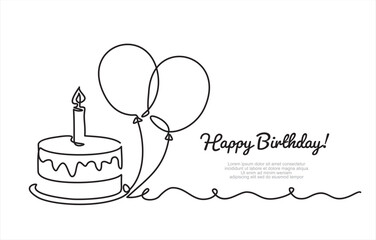 Birthday cake in continuous line art drawing style. Traditional birthday cake with candle on the top minimalist black linear sketch isolated on white background. Vector illustration