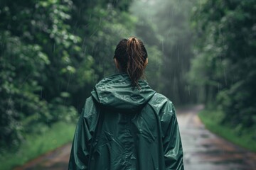 A woman wearing a raincoat stands in the rain, waiting for something