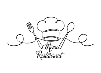 Continuous one single line drawing of fork, spoon and chef hat or cap . Menu food design. Illustration with quote template. Can used for menu restaurant sketch