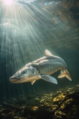 Fototapeta premium A fish swims underwater with sunlight shining through the water, creating a warm glow