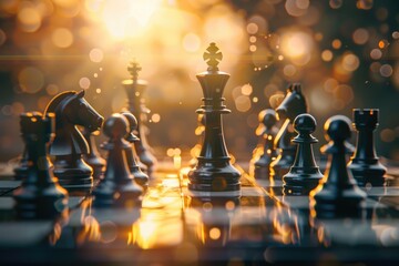 A group of chess pieces sitting on top of a chess board, ready for play