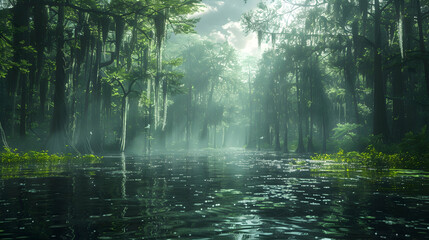 Obraz premium A mysterious nature swamp with tall cypress trees and hanging moss, the water dark and still