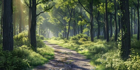 Obraz premium Peaceful Forest Trail in Sunlight