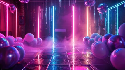 Blue and pink helium balloons on stage with neon lights, night club, party, gender party